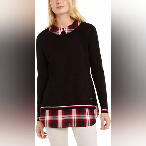 Tommy Hilfiger Sweaters - Tommy Hilfiger Black Twofer Sweater with Red and White Plaid